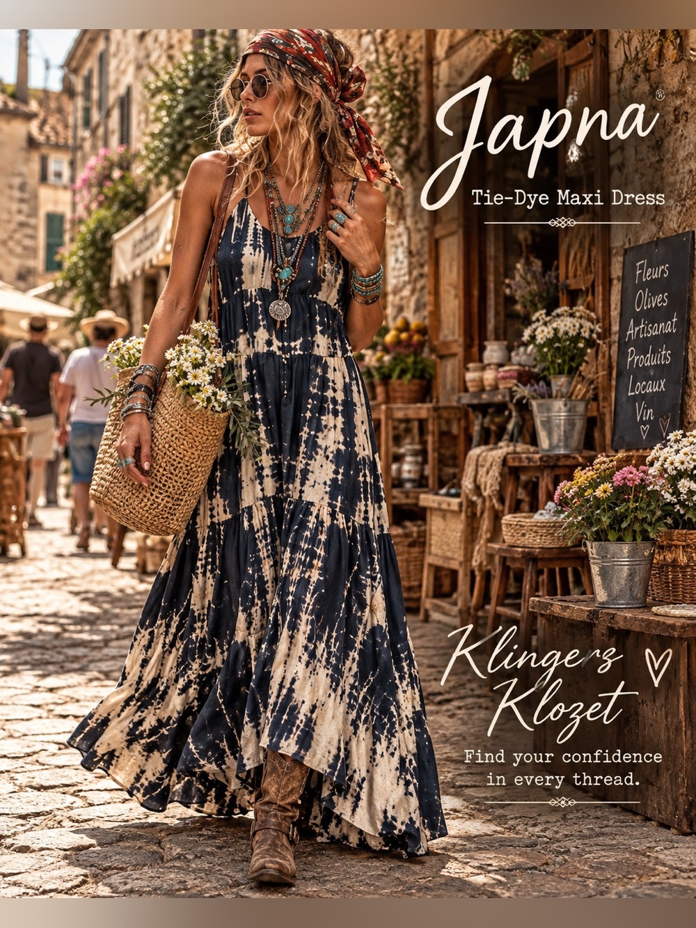 Japna Navy Cream Tie Dye Maxi Dress Boho Festival Resort Western